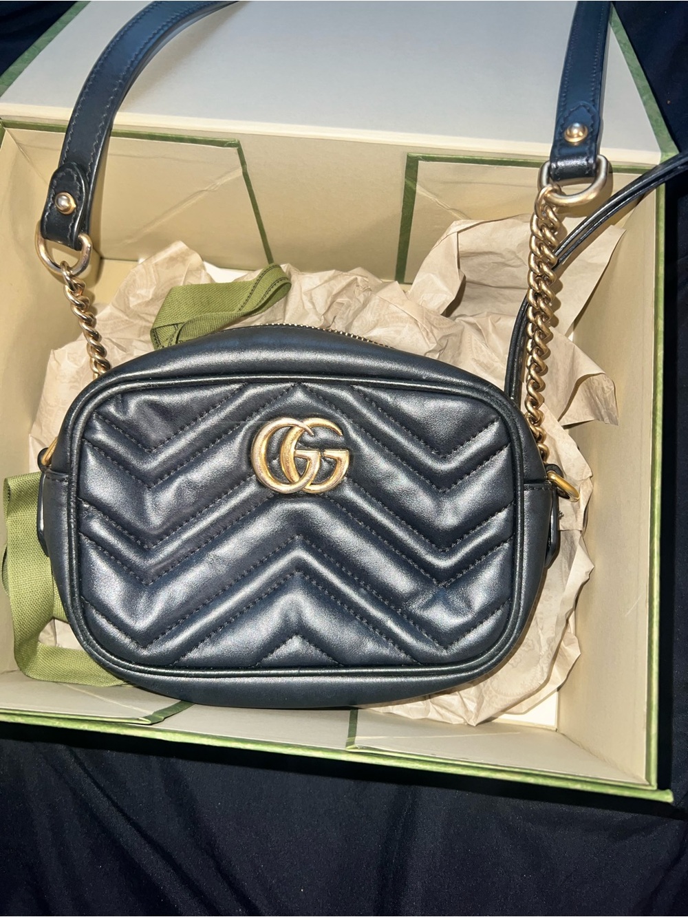 Gucci Black Chevron Matelassé Leather Crossbody with Gold Hardware